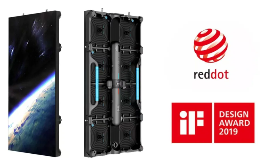 GOE NH Backfire Series indoor rental LED display with Red Dot and iF Design Award marks